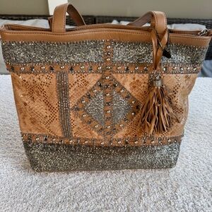 Mary Frances Rise and Shine Tan Embellished Tote Bag with Tassel
